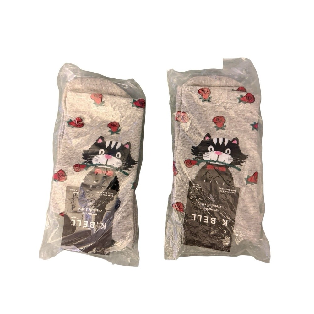 K Bell Womens Crew Socks 2 Pair Lot Cat Roses Gray Novelty Size 8-12 New